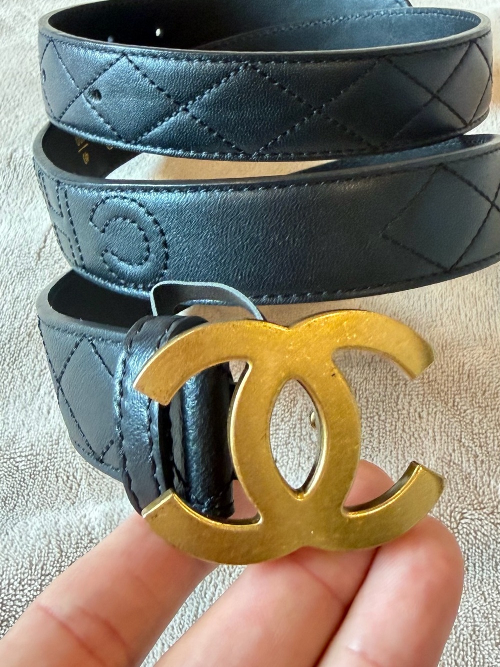 CHANEL Black Quilted Leather Belt with Gold CC Logo Buckle